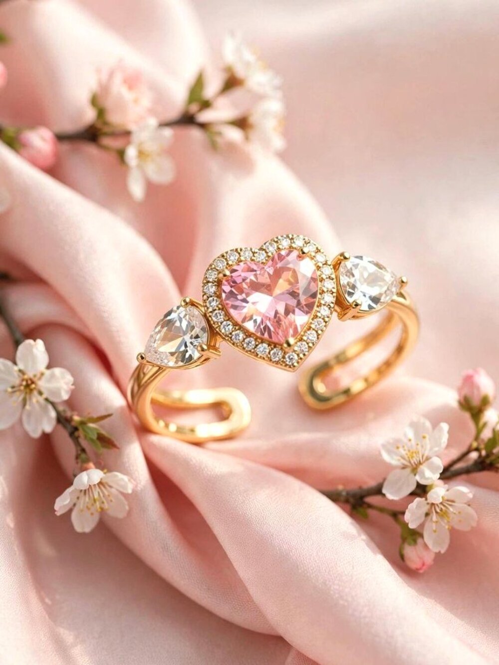 Pink Heart Crystal Ring Gold Adjustable
